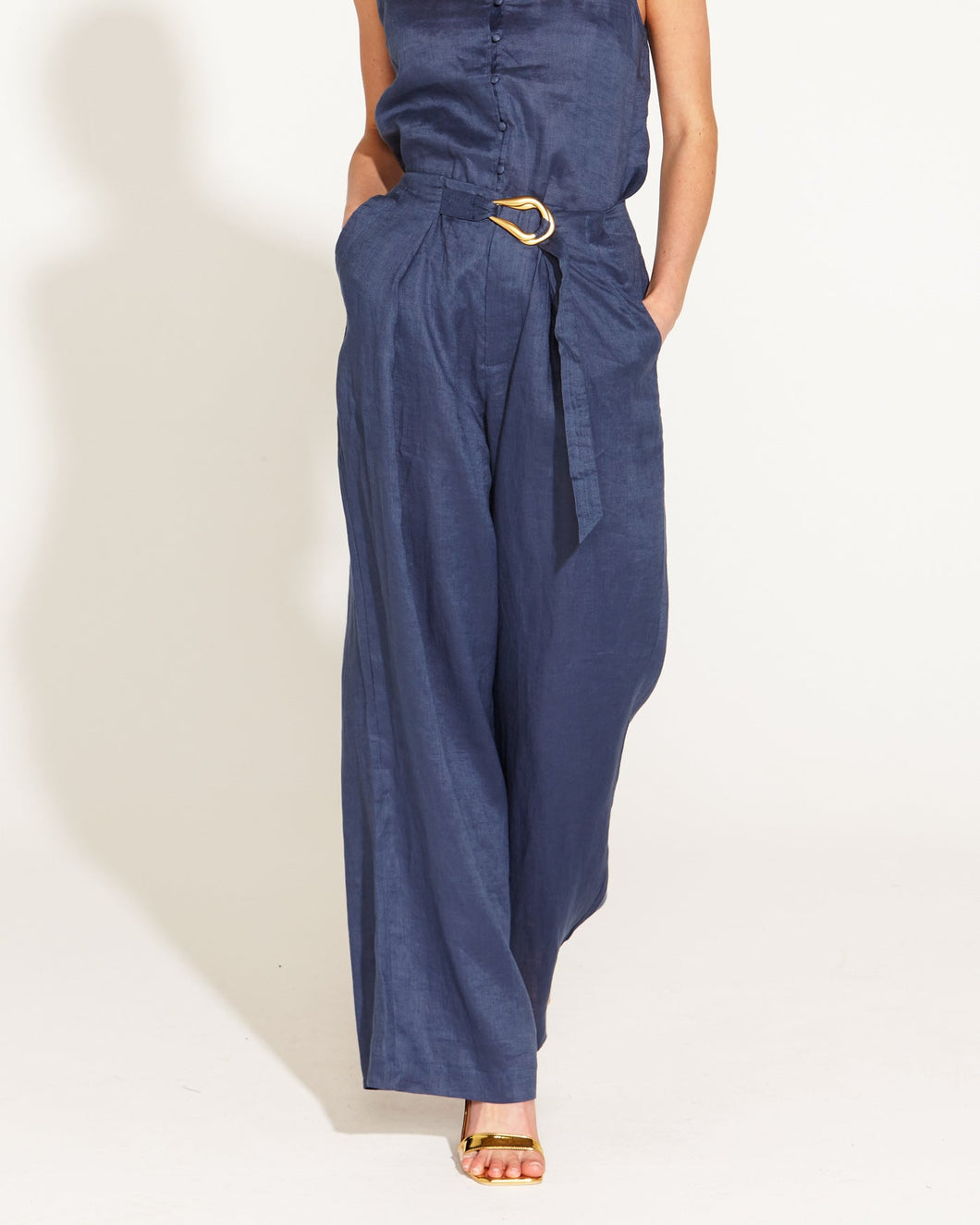 A Walk In The Park High Waisted Belted Wide Linen Leg Pant - Navy