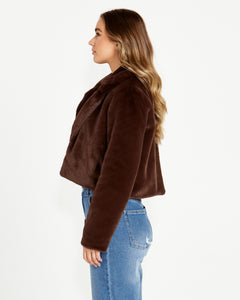 Xanthe Cropped Faux Fur Jacket - Chocolate Brown