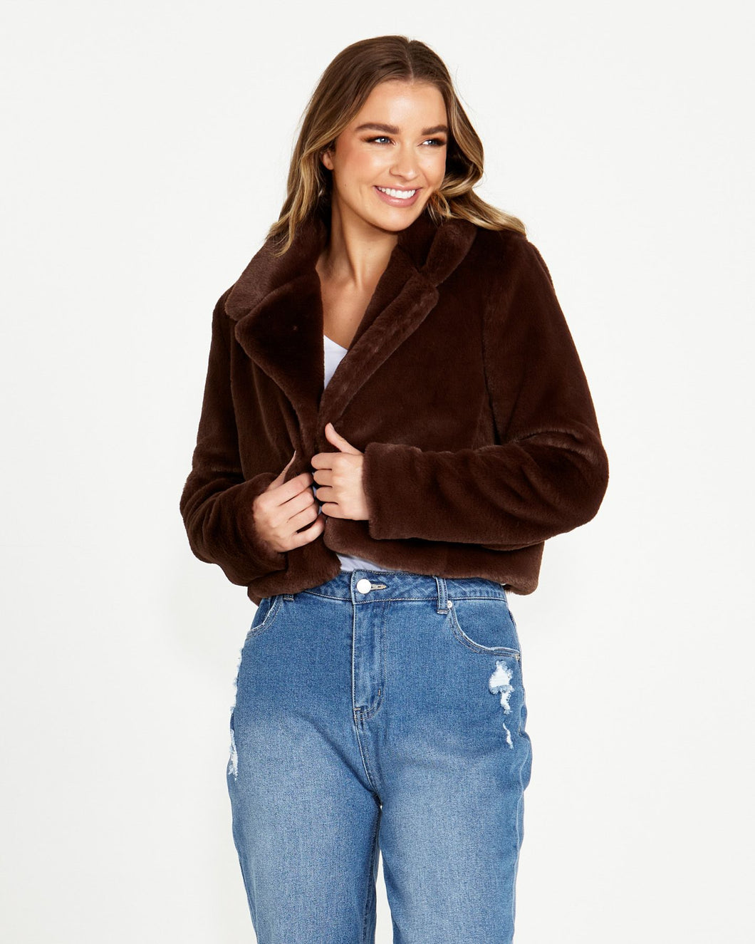 Xanthe Cropped Faux Fur Jacket - Chocolate Brown